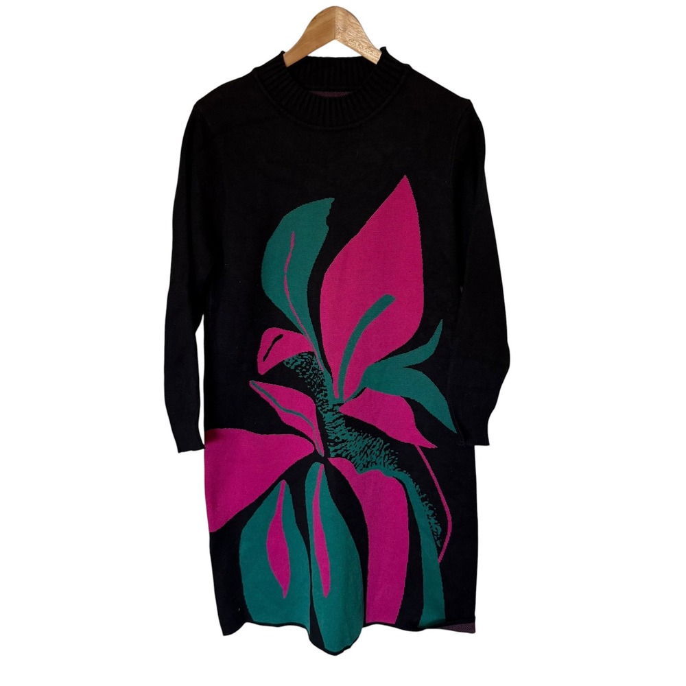 Vintage Floral Knit Sweater Dress Womens M Black Pink Green Excellent Graphic